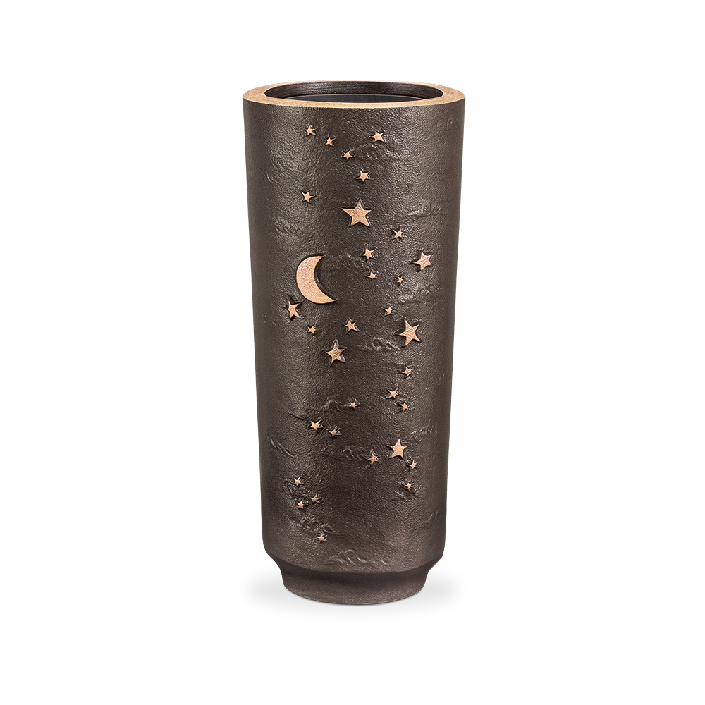 Schöne Grabvase mit Vaseneinsatz mit Ornamentik online bestellen Grabvase Bronze Mond Sterne Rund